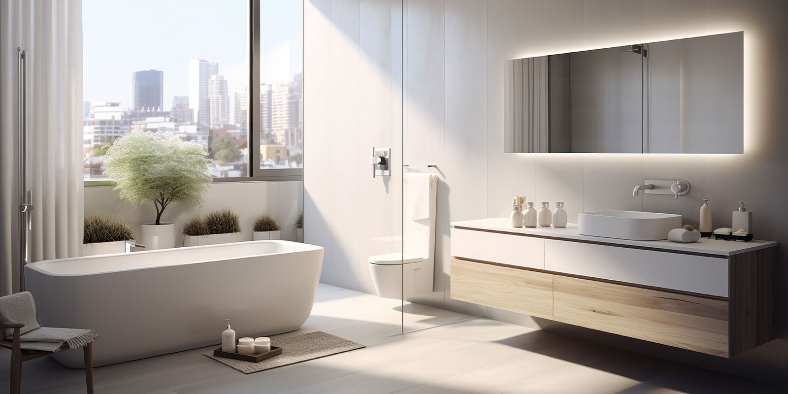 Ein modernes Badezimmer mit einer freistehenden Badewanne, eleganten Pflanzen und einem großen Fenster mit Stadtblick.