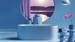 Ein modernes Badezimmer mit einer eleganten Badewanne, umgeben von blauen Wänden und einem runden Fenster mit Blick auf die Landschaft.